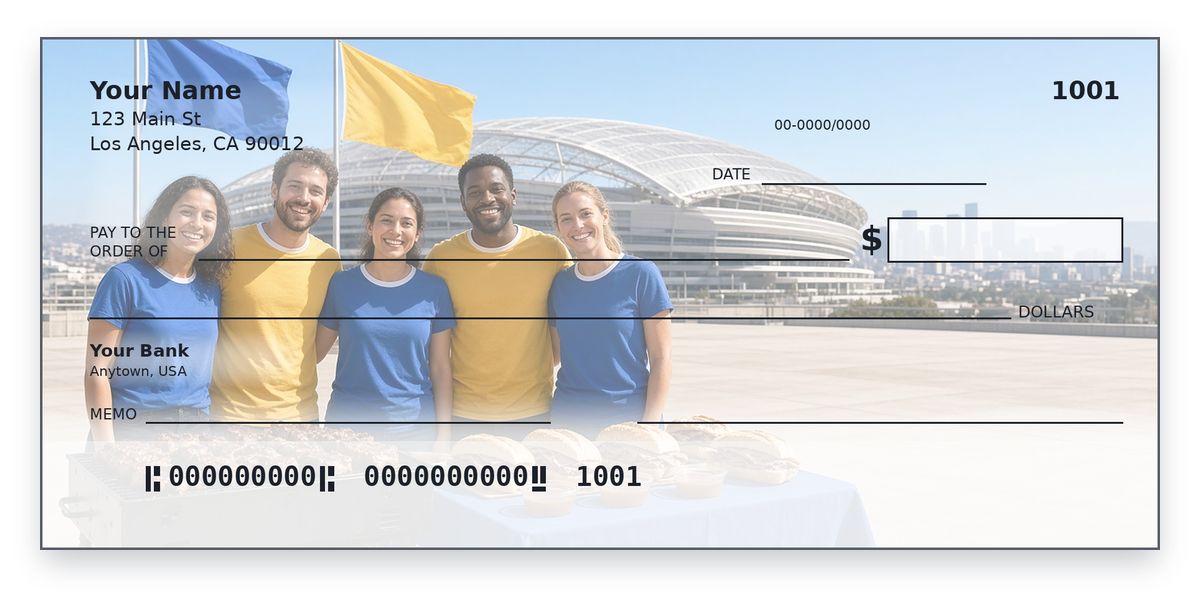 Los Angeles Rams checks design – fans in royal blue and yellow jerseys with French dips by a canopy stadium, personal check mockup