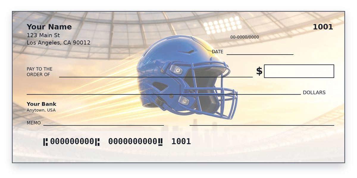 Los Angeles Rams checks design – royal blue helmet with sol yellow streaks, LA skyline at sunset, personal check mockup