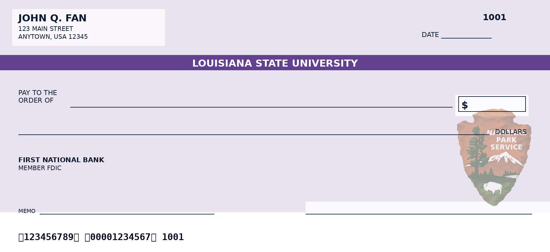 Louisiana State University personal checks featuring the official Louisiana State University logo and school colors, designed as a custom NCAA college checkbook for alumni and fans who want Louisiana State University-themed bank checks.