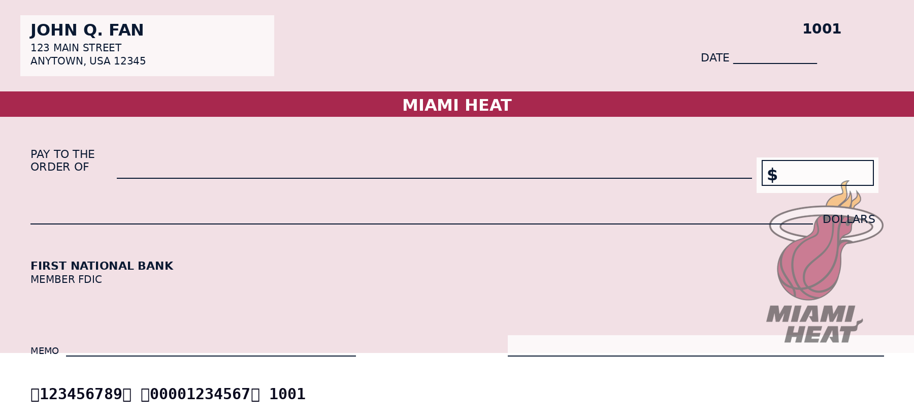 Miami Heat personal checks featuring the official Miami Heat team logo and team colors, designed as a custom NBA checkbook for basketball fans who want Miami Heat-themed bank checks.