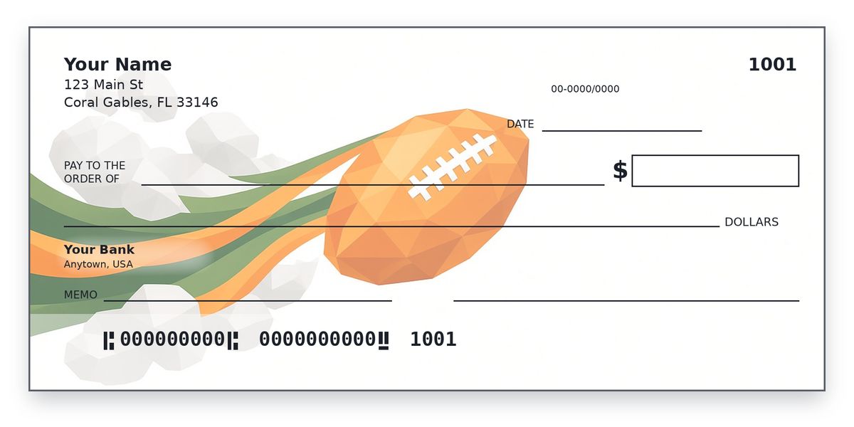 University of Miami checks design – low-poly orange football on green ribbons out of white smoke, on white, personal check mockup