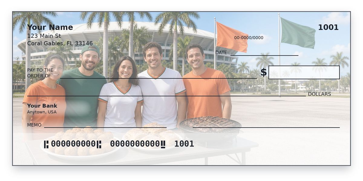 University of Miami checks design – fans in orange and green jerseys share croquetas and cafecito, personal check mockup