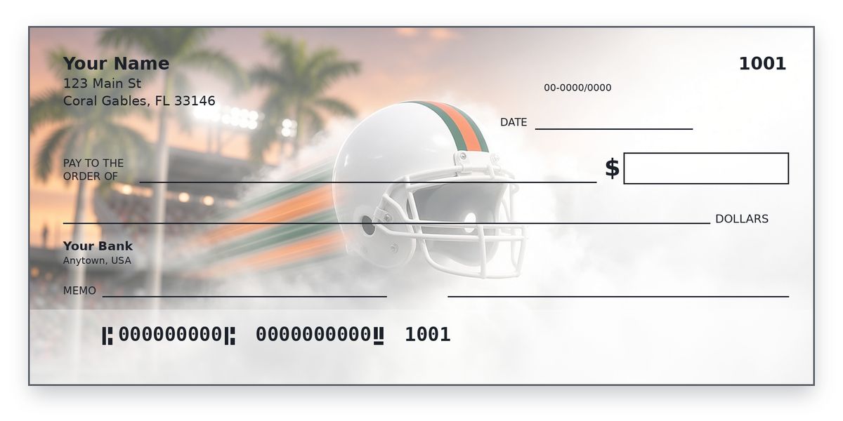 University of Miami checks design – white helmet with an orange and green stripe bursting through smoke, personal check mockup