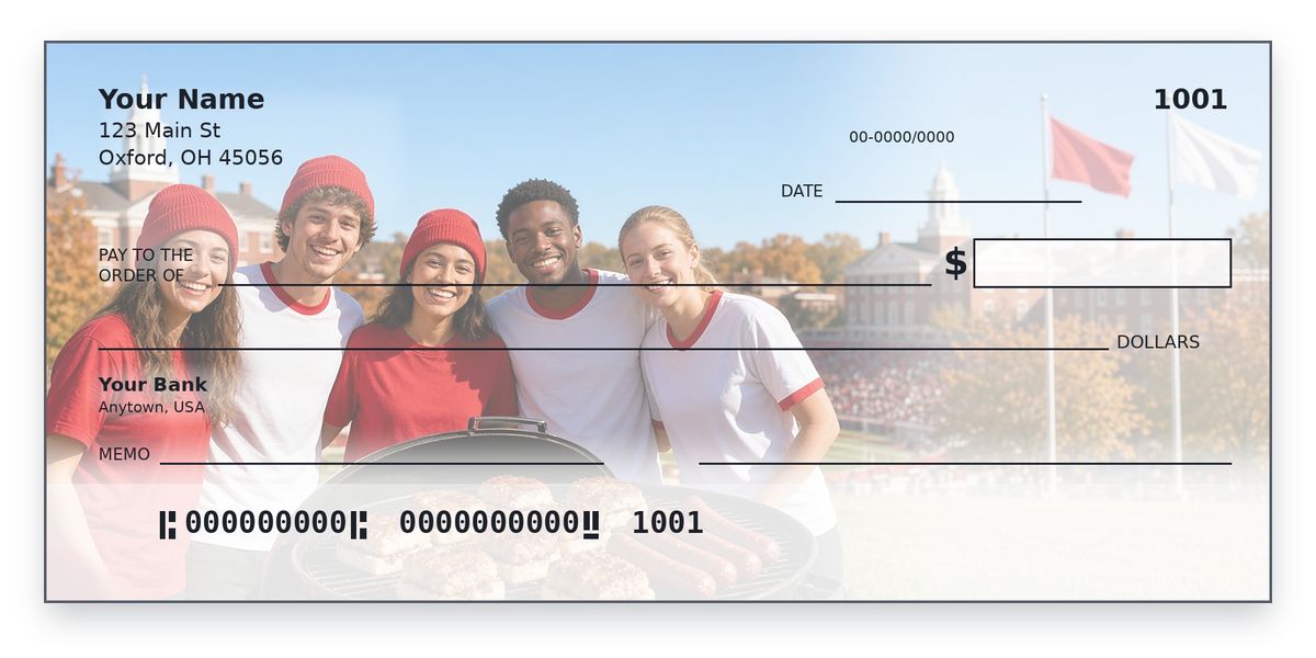 Miami University checks design – fans in red and white jerseys grill goetta and metts by brick halls, personal check mockup