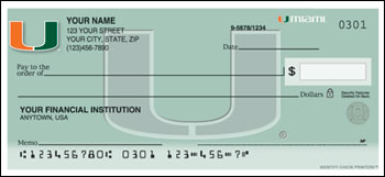 Earlier University of Miami logo check illustration with an orange and green U on a green background