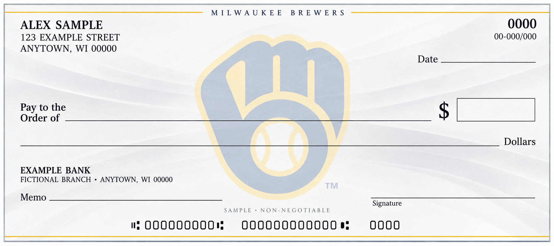 Milwaukee Brewers editorial sample check with a pale central team emblem, light flowing background and blank check fields; marked SAMPLE, NON-NEGOTIABLE.