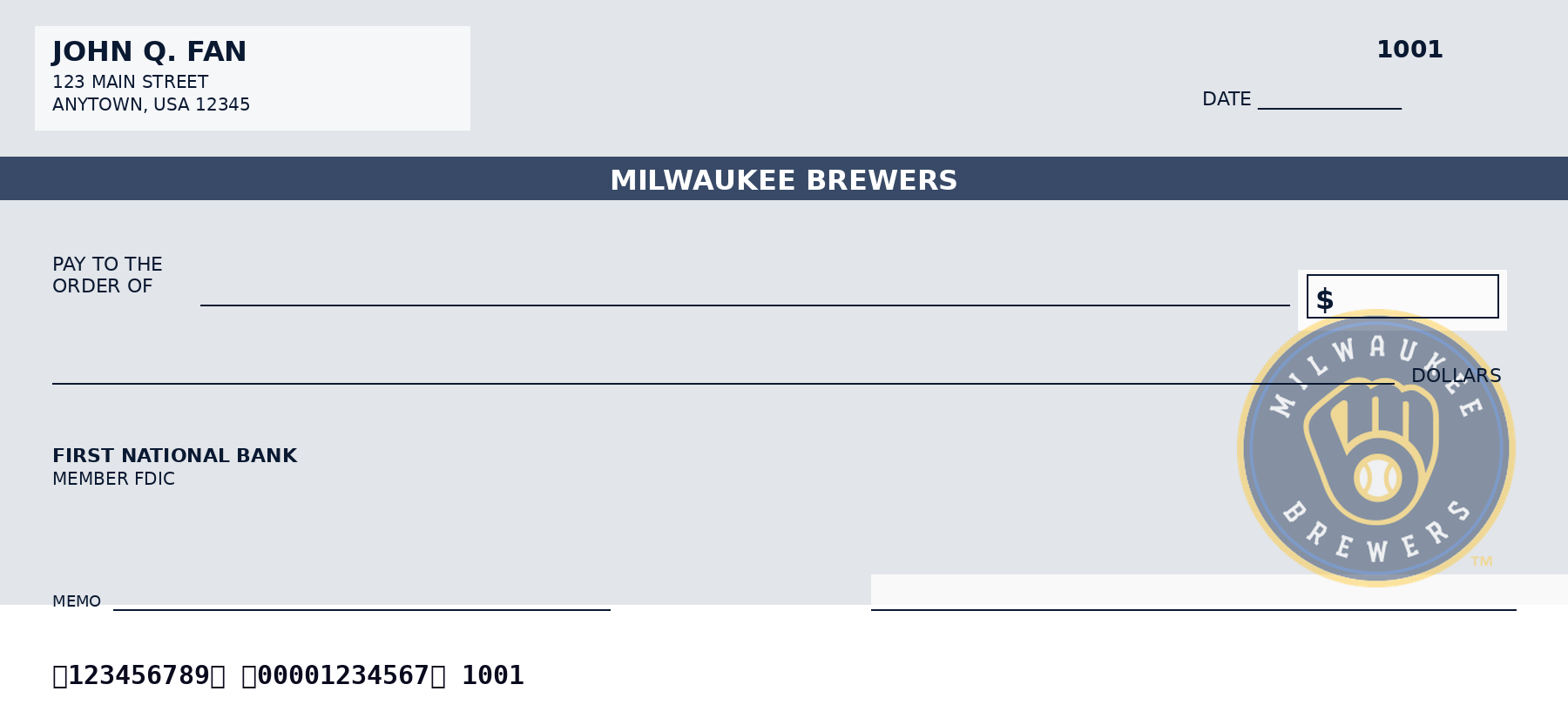 Milwaukee Brewers personal checks featuring the official Milwaukee Brewers team logo and team colors, designed as a custom MLB checkbook for baseball fans who want Milwaukee Brewers-themed bank checks.
