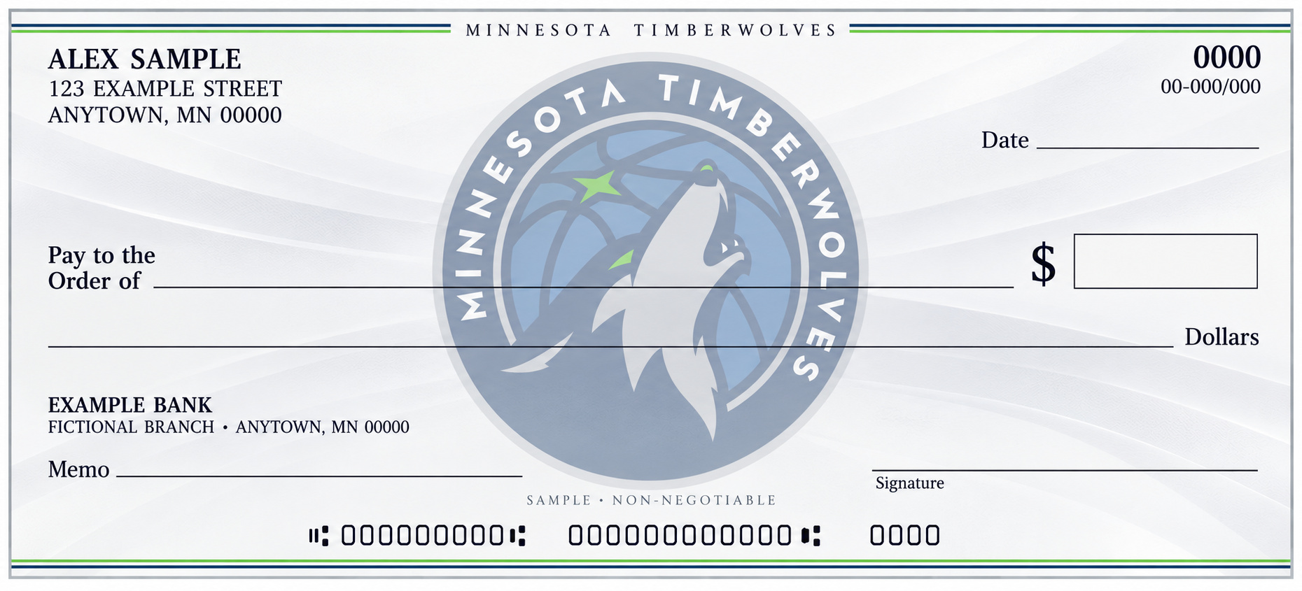 Minnesota Timberwolves personal check design with a pale central team emblem, light flowing background and blank check fields.