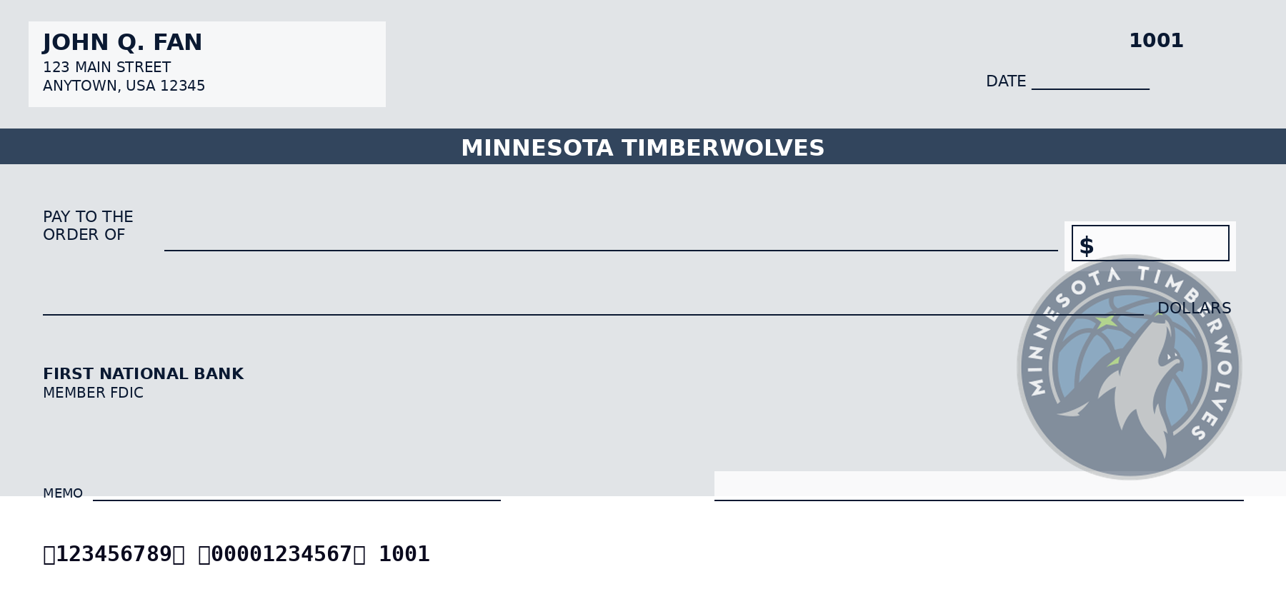 Minnesota Timberwolves personal checks design idea in team colors - a sample NBA fan check layout, not an official team product.