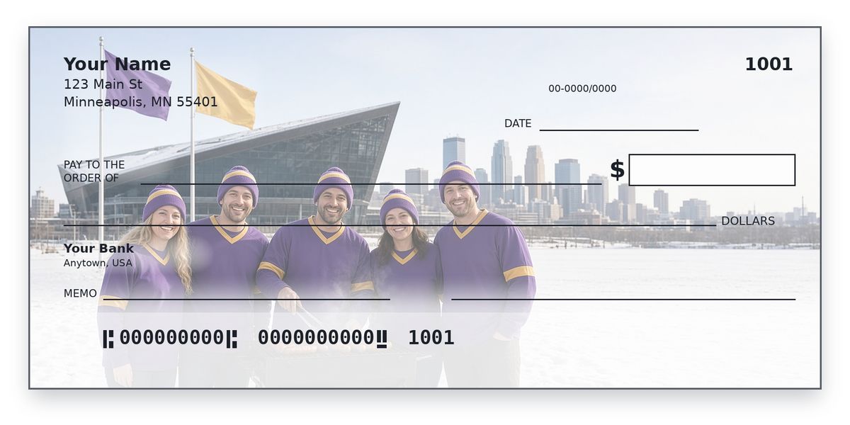 Minnesota Vikings checks design – fans in purple jerseys grilling brats in the snow by the skyline, personal check mockup