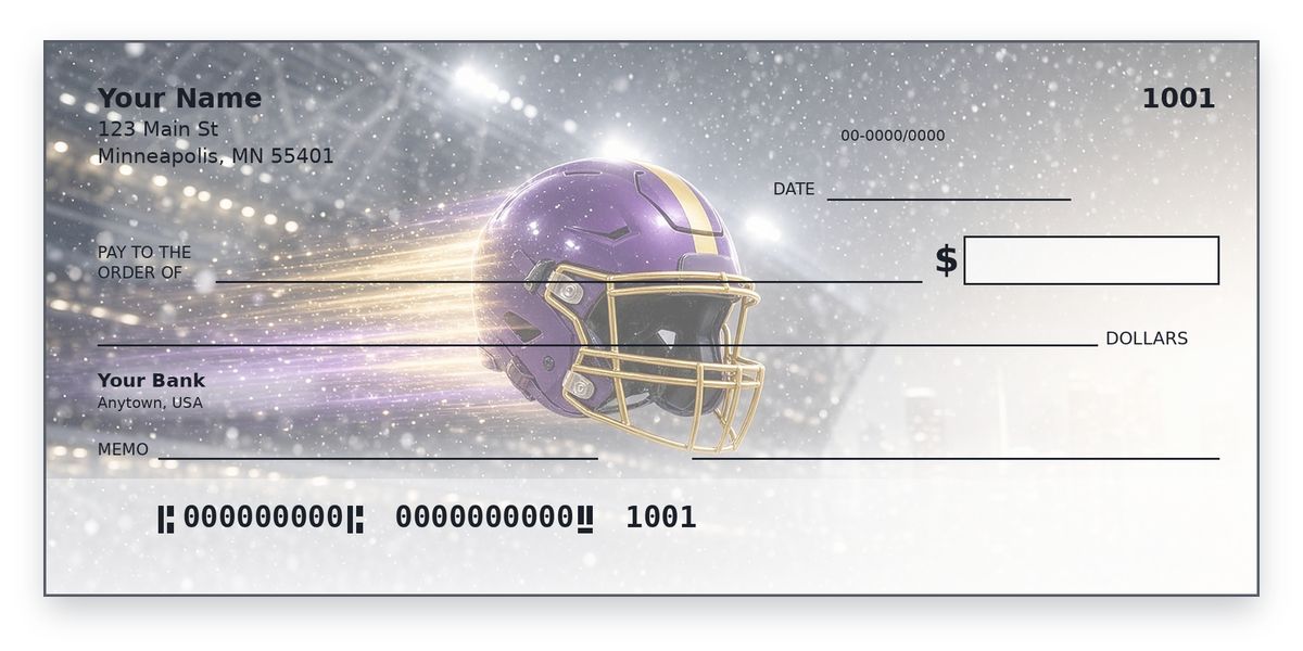 Minnesota Vikings checks design – purple helmet with gold stripe flying through snow under stadium lights, personal check mockup