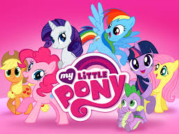 My Little Pony characters and logo arranged against a bright-pink background.