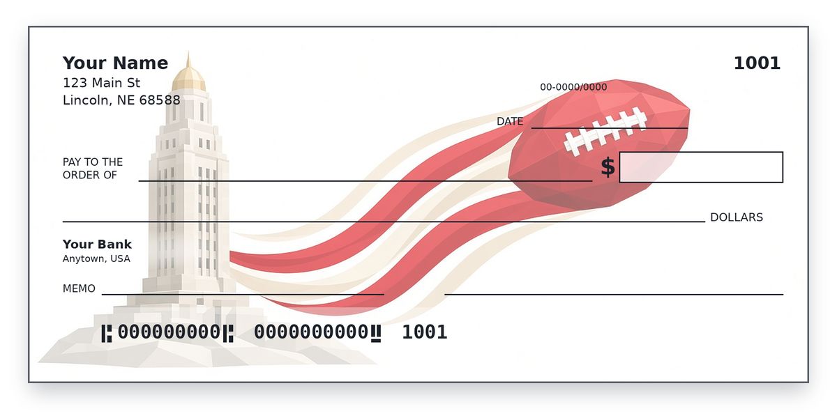 Nebraska Husker checks design – low-poly scarlet football on cream ribbons by an Art Deco tower, on white, personal check mockup