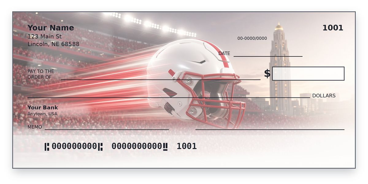 Nebraska Husker checks design – white helmet with a scarlet stripe over a packed stadium sea of red, personal check mockup