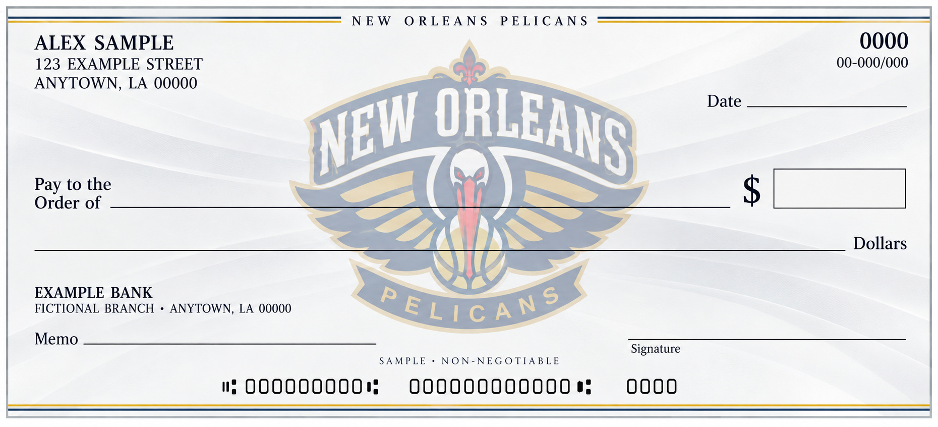 New Orleans Pelicans personal check illustration with a pale Pelicans emblem, navy and gold trim and blank check fields, marked sample