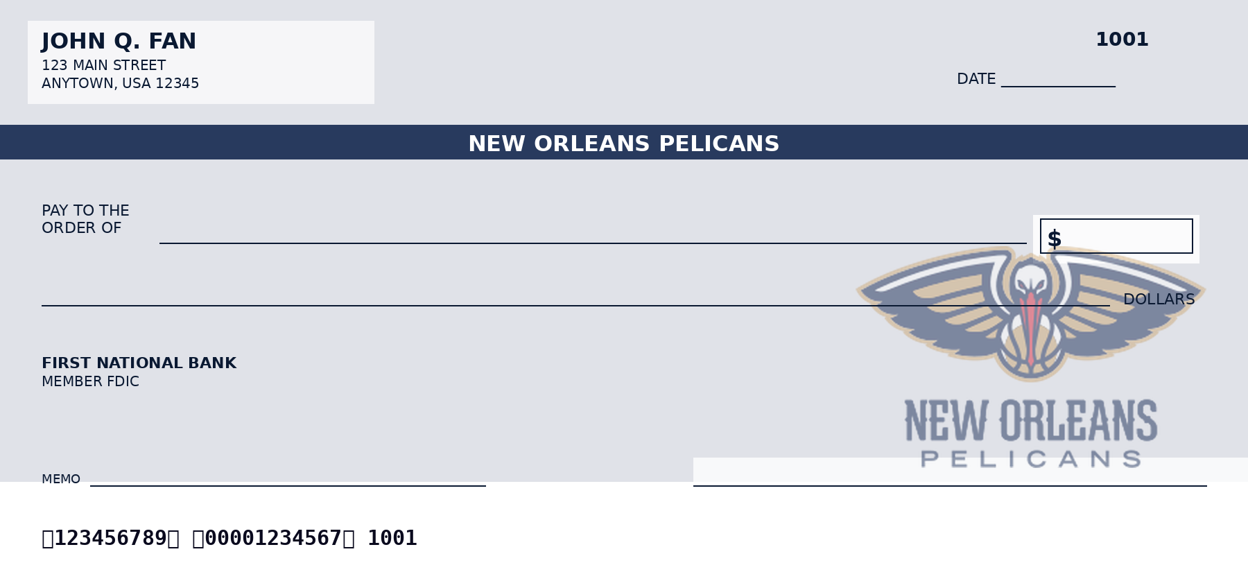 Earlier New Orleans Pelicans checkbook design illustration