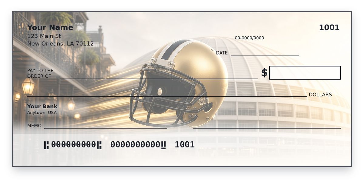 New Orleans Saints Checks – Black and Gold Helmet Under the New Orleans Lights Design New Orleans Saints checks design – old gold helmet with black stripe by a dome and French Quarter lamps, personal check mockup