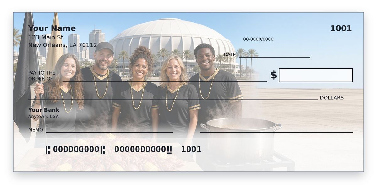 New Orleans Saints Checks – New Orleans Crawfish Boil Tailgate Design New Orleans Saints checks design – fans in black and gold jerseys at a crawfish boil by a dome stadium, personal check mockup