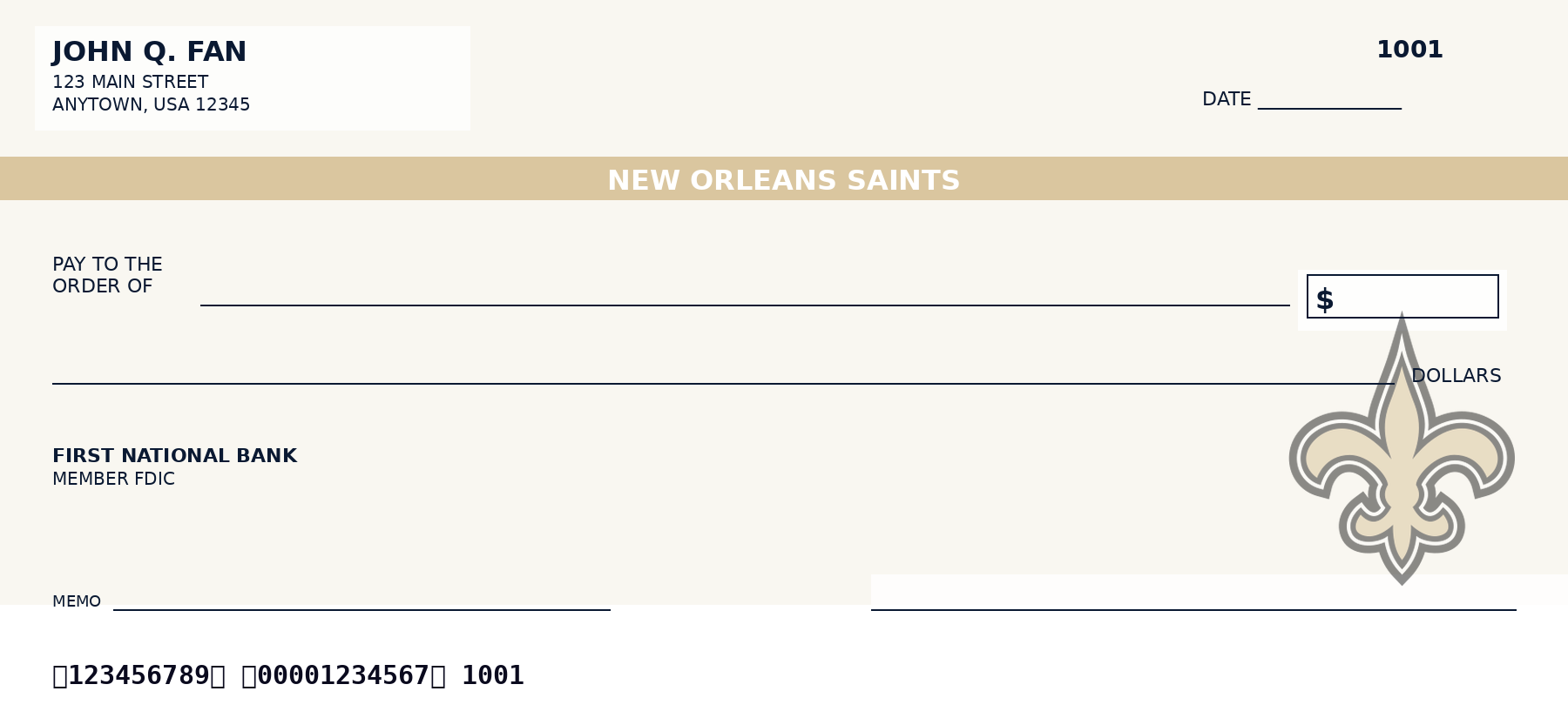 Earlier New Orleans Saints check illustration Earlier New Orleans Saints check illustration with a gold team-name band, pale background and fleur-de-lis at lower right