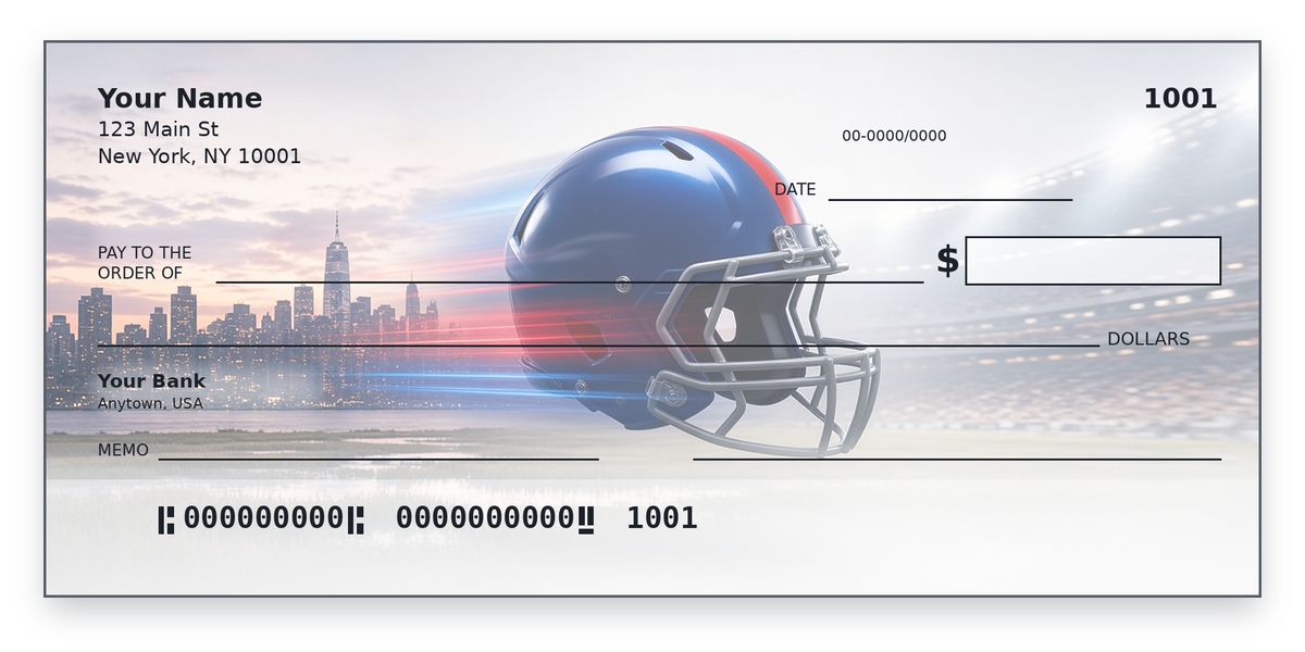 New York Giants checks design – royal blue helmet with red stripe under lights, Manhattan skyline behind, personal check mockup