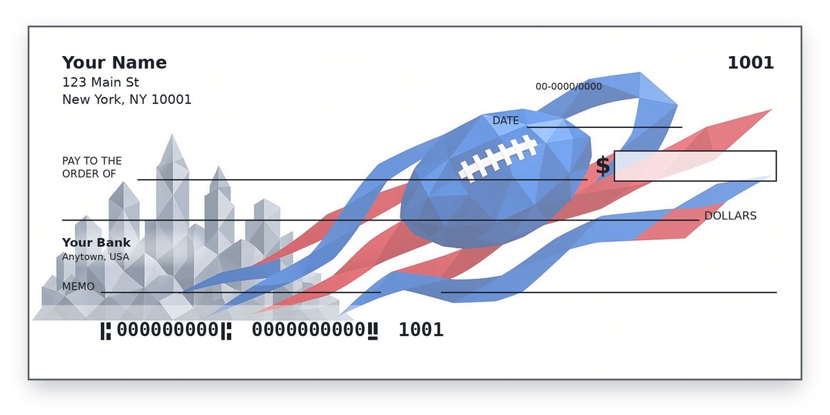 New York Giants checks design – low-poly royal blue football on blue and red ribbons, on white, personal check mockup
