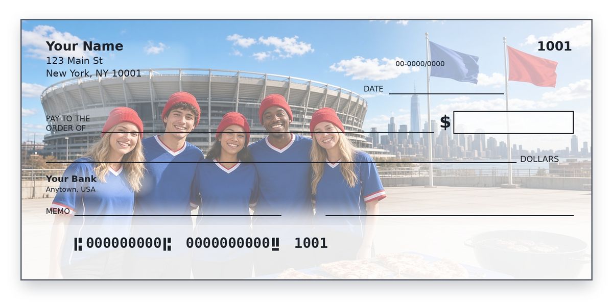New York Giants checks design – fans in royal blue jerseys share New York pizza, Manhattan behind, personal check mockup