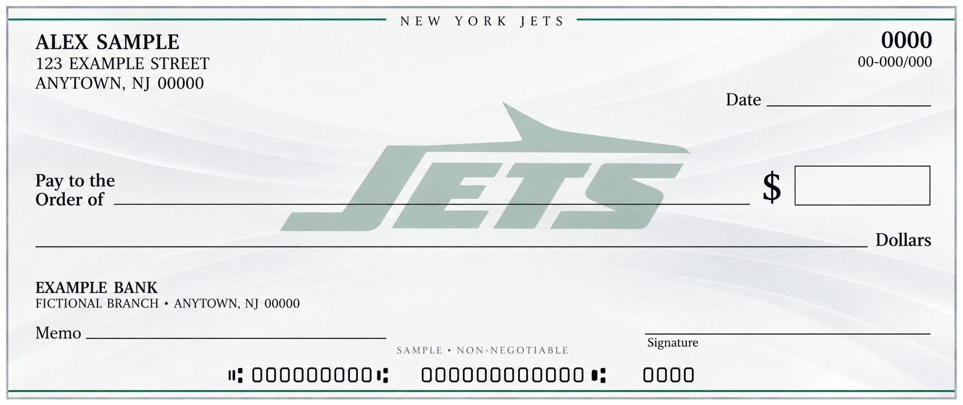 New York Jets personal check design with a pale central team emblem, light flowing background and blank check fields.