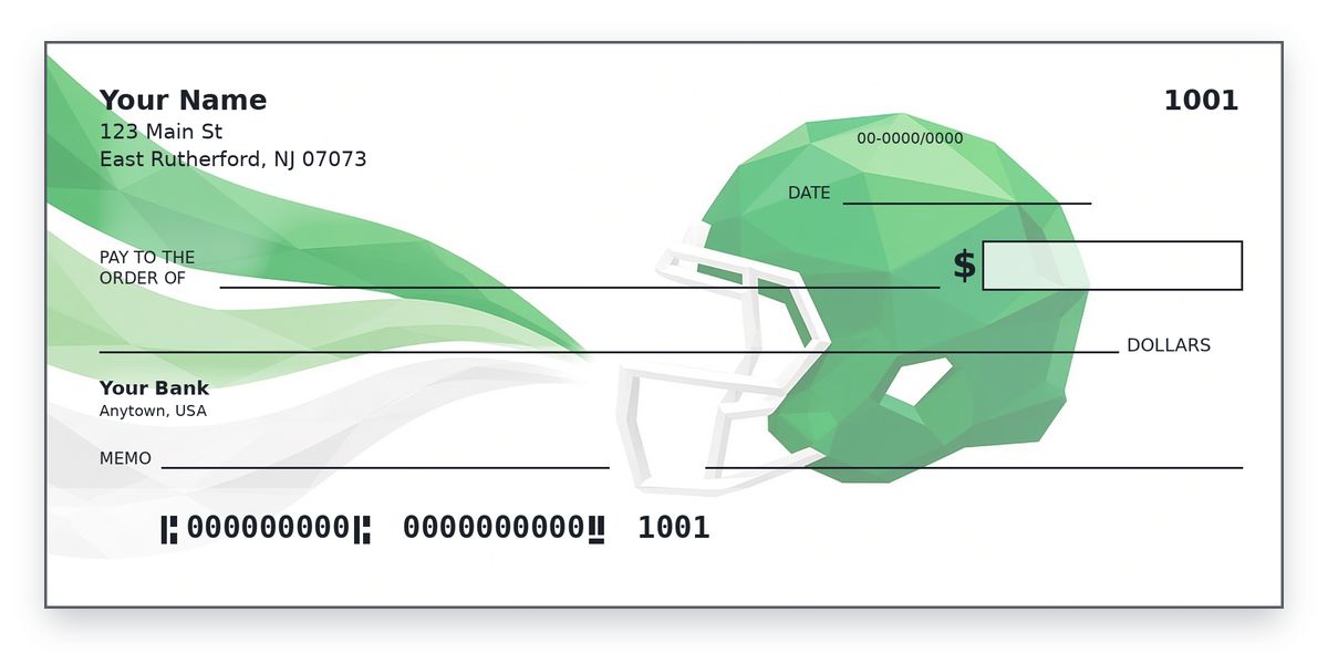 New York Jets checks design – low-poly green helmet, white facemask, green-white ribbons, on white, personal check mockup