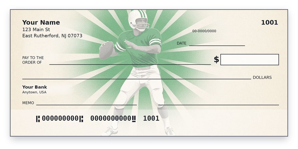 New York Jets checks design – retro quarterback in kelly green with a striped white helmet, sunburst, personal check mockup