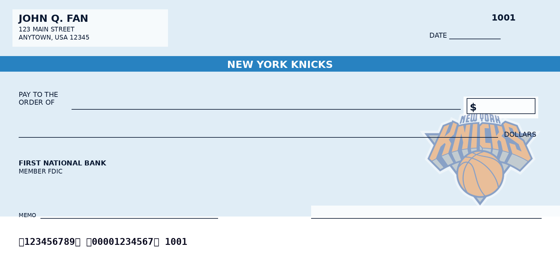 New York Knicks personal checks design idea in team colors - a sample NBA fan check layout, not an official team product.