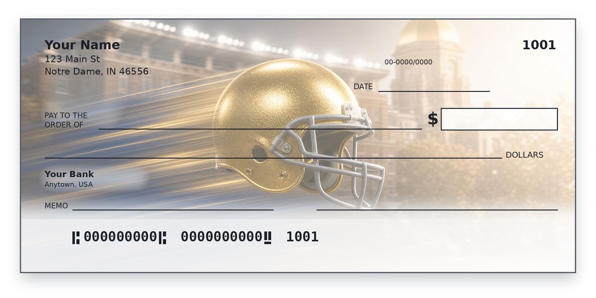 Notre Dame checks design – plain gold helmet with a grey facemask under stadium lights by a golden dome, personal check mockup