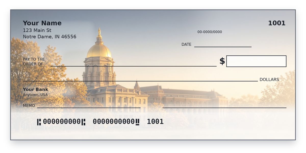 Notre Dame checks design – historic campus building with a gilded dome among golden autumn trees, personal check mockup