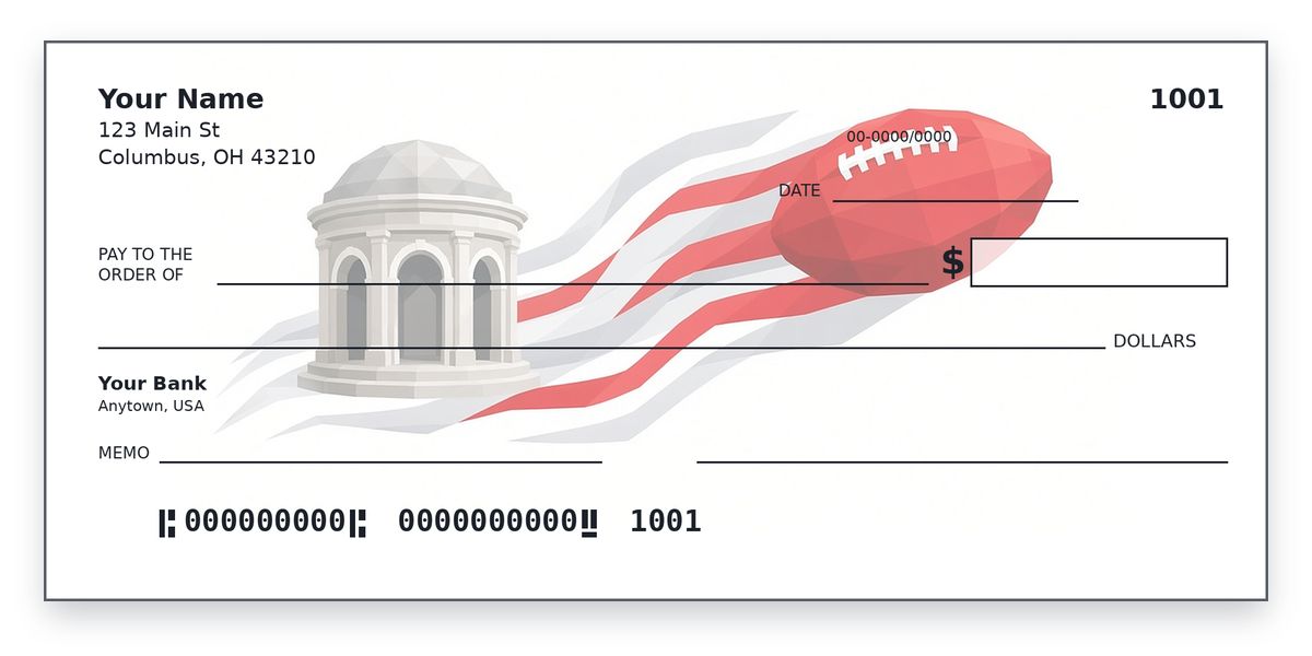 Ohio State checks design – low-poly scarlet football on grey ribbons by an arched stadium rotunda, on white, personal check mockup