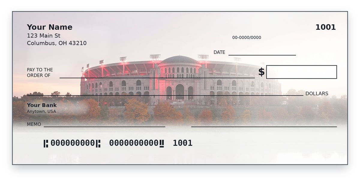 Ohio State checks design – scarlet and grey horseshoe stadium with an arched rotunda by a river at dusk, personal check mockup
