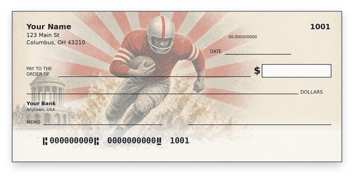 Ohio State checks design – 1950s-style fullback in scarlet and grey driving through a cloud of dust, personal check mockup