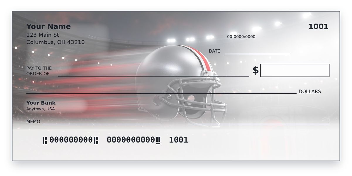 Ohio State checks design – silver helmet with a scarlet, white and black stripe under horseshoe lights, personal check mockup