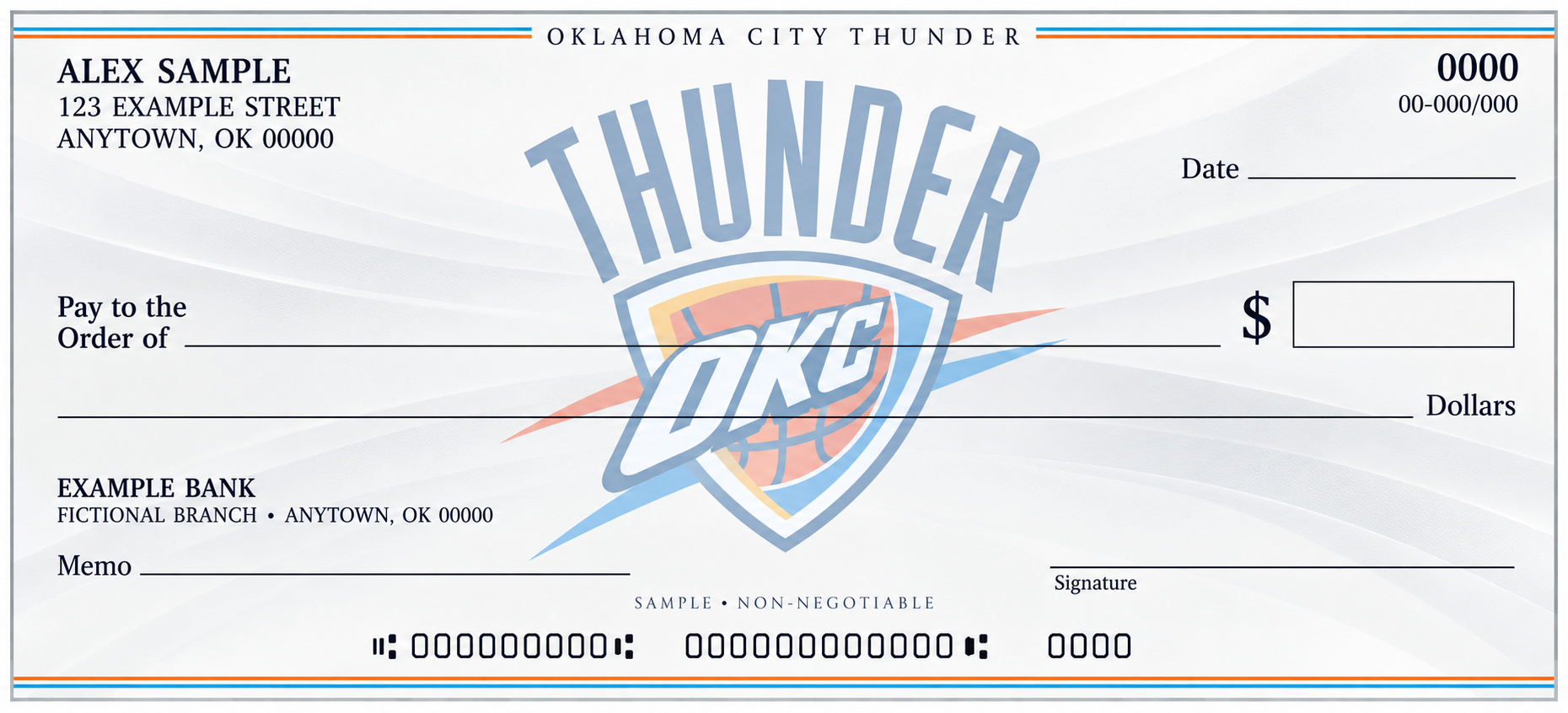 Oklahoma City Thunder personal check design with a pale central team emblem, light flowing background and blank check fields.