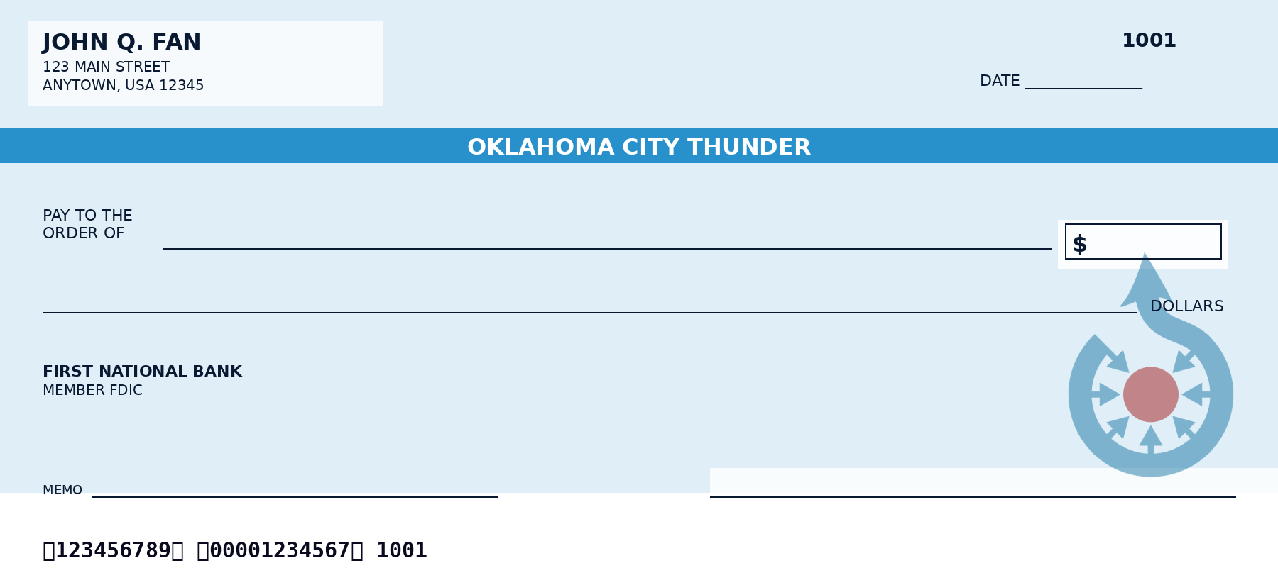 Oklahoma City Thunder Personal Checks — NBA Team Checkbook Design Oklahoma City Thunder personal checks design idea in team colors - a sample NBA fan check layout, not an official team product.