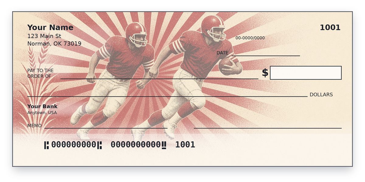 Oklahoma Sooners checks design – 1970s-style quarterback in crimson pitching the option, sunburst, personal check mockup