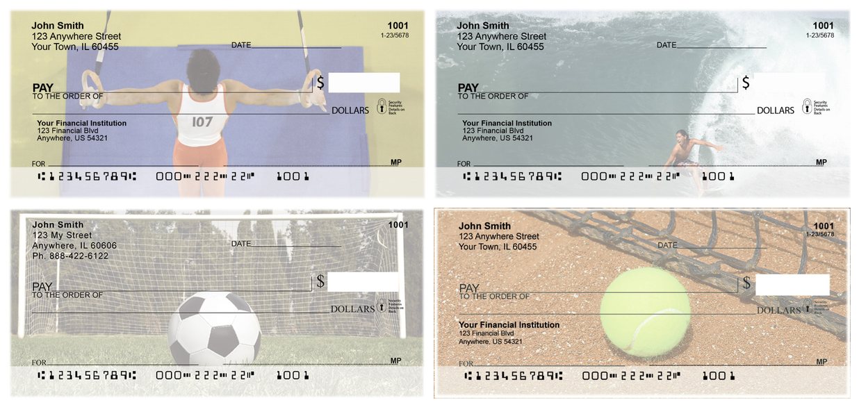 Olympic sport check designs: gymnastics rings, big-wave surfing, a soccer ball in front of the goal and a tennis ball at the net, from Carousel Checks