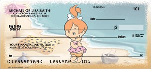 Earlier check illustration showing Pebbles against a blue-and-sandy shoreline background.