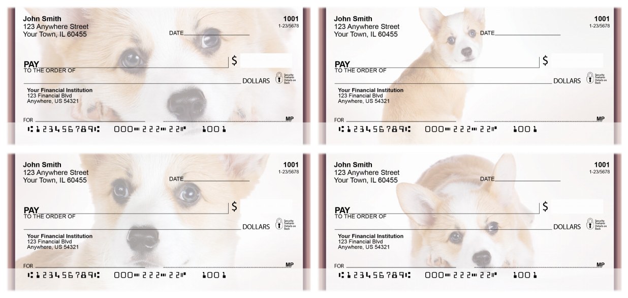 Corgi puppy checks from Bank Checks Plus: four close-up Pembroke Welsh Corgi puppy photos behind the check fields
