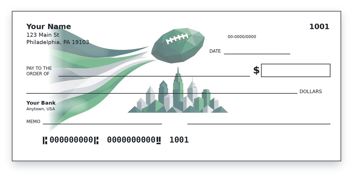 Philadelphia Eagles Checks – Minimalist Geometric Football and Skyline Design Philadelphia Eagles checks design – low-poly midnight green football over a geometric Philly skyline, personal check mockup