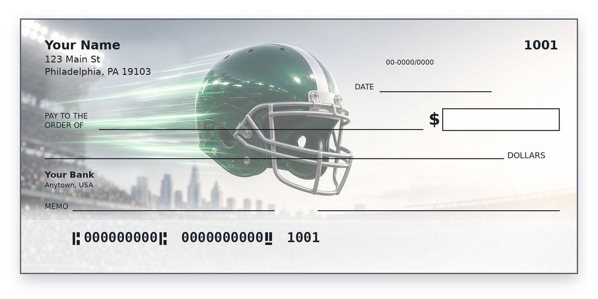 Philadelphia Eagles Checks – Midnight Green Helmet Under the Lights Design Philadelphia Eagles checks design – midnight green helmet with silver stripe over the stadium and skyline, personal check mockup