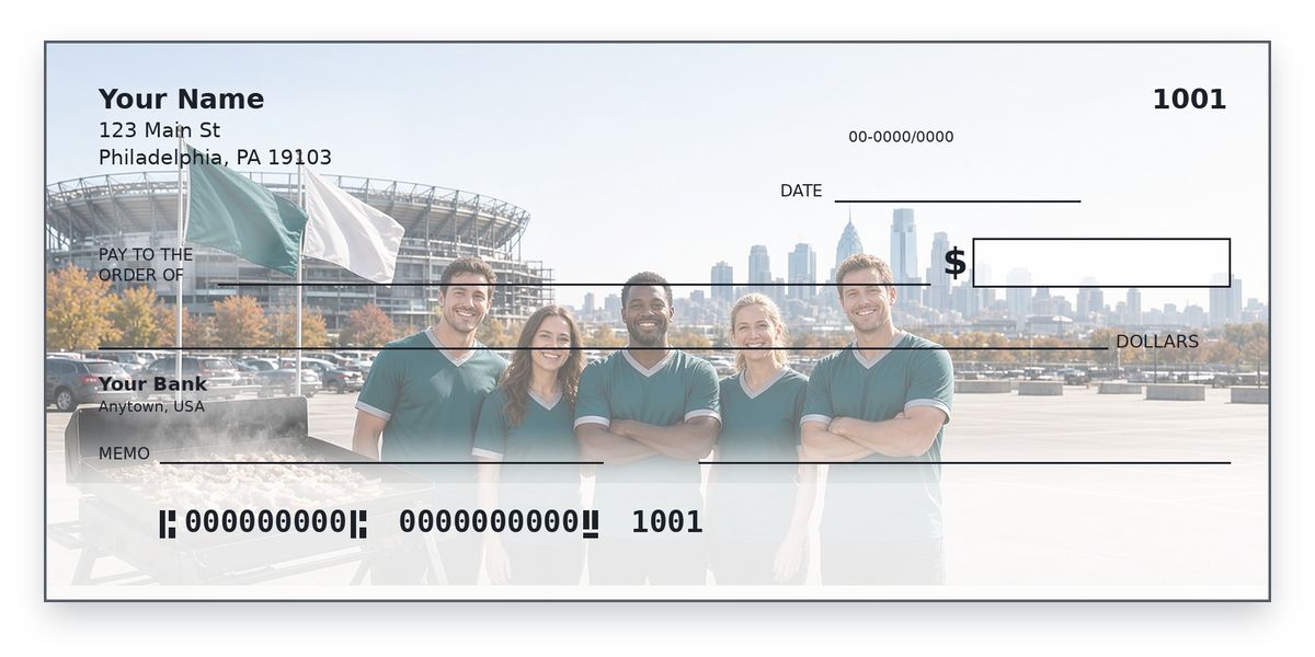 Philadelphia Eagles Checks – Philly Cheesesteak Tailgate Design Philadelphia Eagles checks design – fans in midnight green grilling cheesesteaks by the Philly skyline, personal check mockup