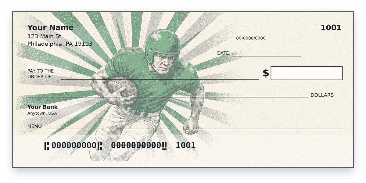 Philadelphia Eagles Checks – Retro Kelly Green Running Back Design Philadelphia Eagles checks design – retro running back in kelly green before a green-silver sunburst, personal check mockup