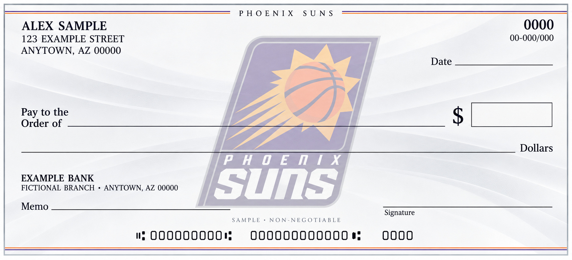 Phoenix Suns personal check design with a pale central team emblem, light flowing background and blank check fields.