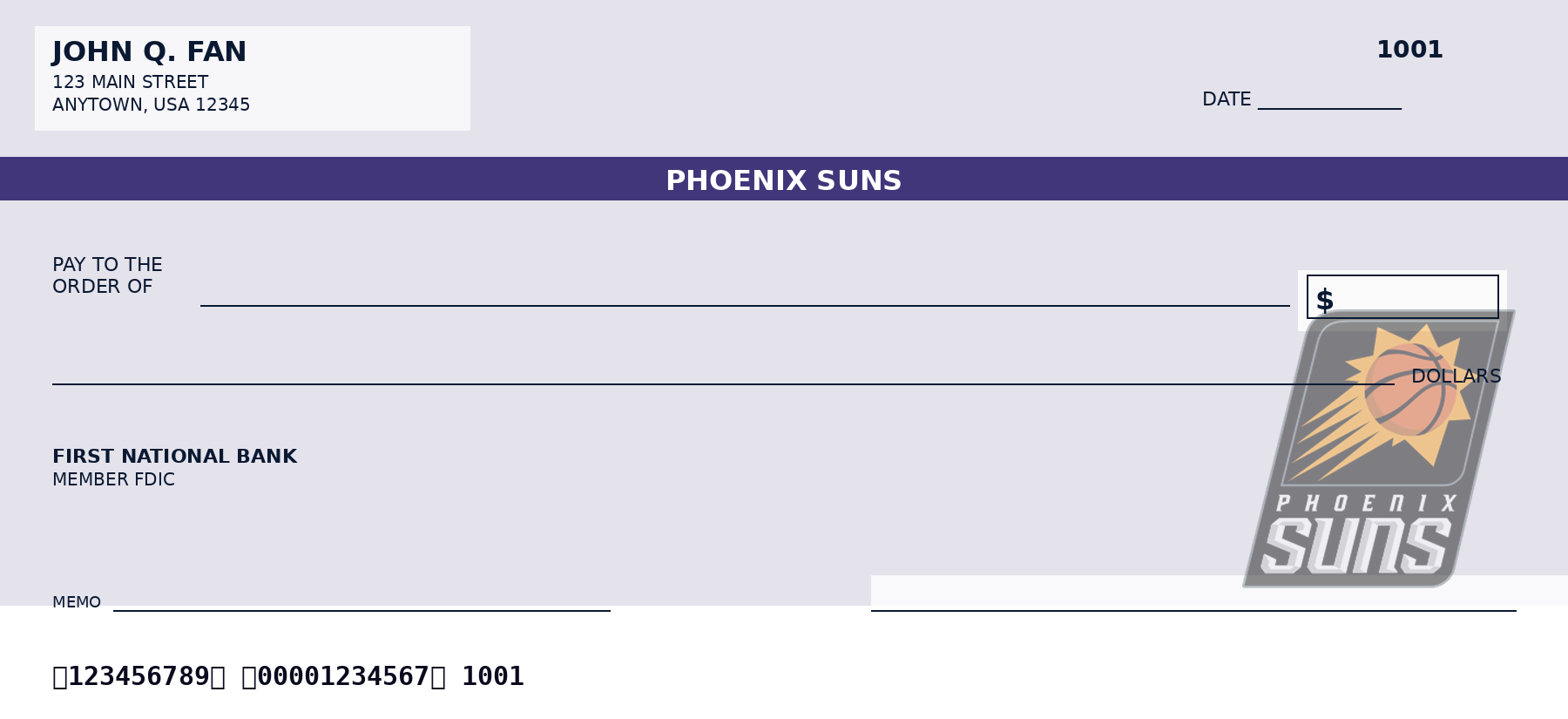 Phoenix Suns personal checks design idea in team colors - a sample NBA fan check layout, not an official team product.