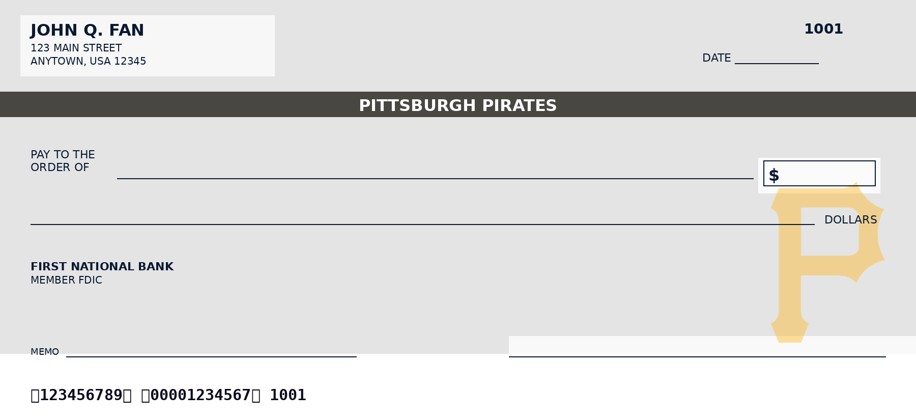 Pittsburgh Pirates Personal Checks — MLB Team Checkbook Design Pittsburgh Pirates personal checks featuring the official Pittsburgh Pirates team logo and team colors, designed as a custom MLB checkbook for baseball fans who want Pittsburgh Pirates-themed bank checks.