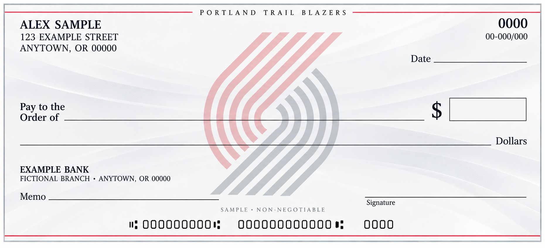 Portland Trail Blazers personal check design with a pale central team emblem, light flowing background and blank check fields.